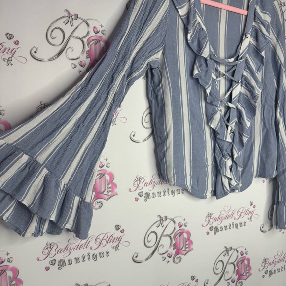 American eagle long sleeve top bell bottom lace up corset pin stripe blue white - Picture 2 of 7